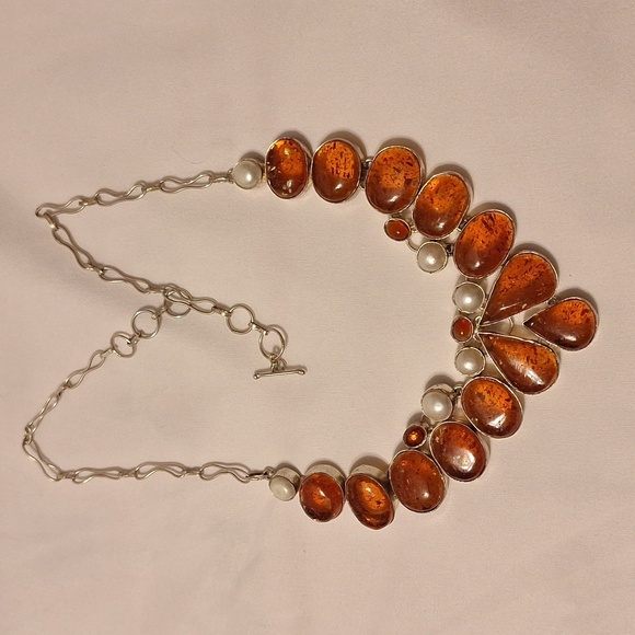 Copal Amber and cultured pearl Silver statement necklace...